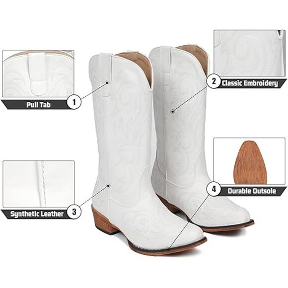 IUV Womens Size 10.5 White Faux Leather 2" Chunky Heel Western Cowboy Boots - Picture 2 of 7